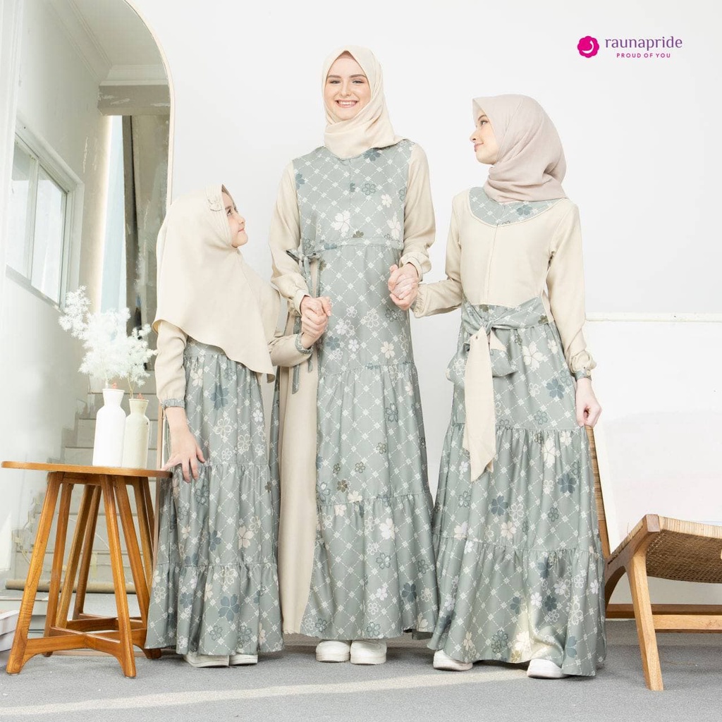 Gamis Couple Rauna Ibu, Anak, Remaja / GD 07, RGR 05, RGA 02 / Chinois Green / Fashion Muslim