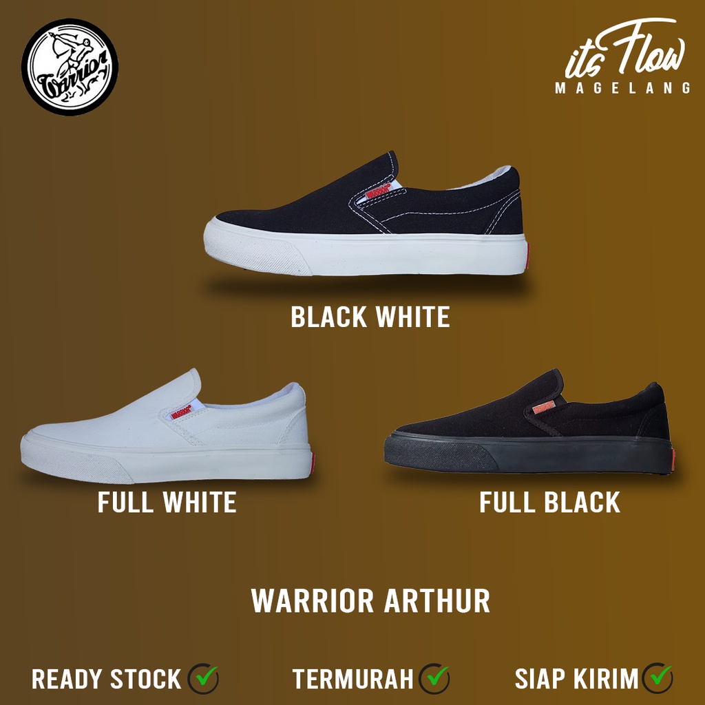 Sepatu Warrior Arthur Slip On Warna Black/White Full White Full Black Original Itsflow - Termurah Te