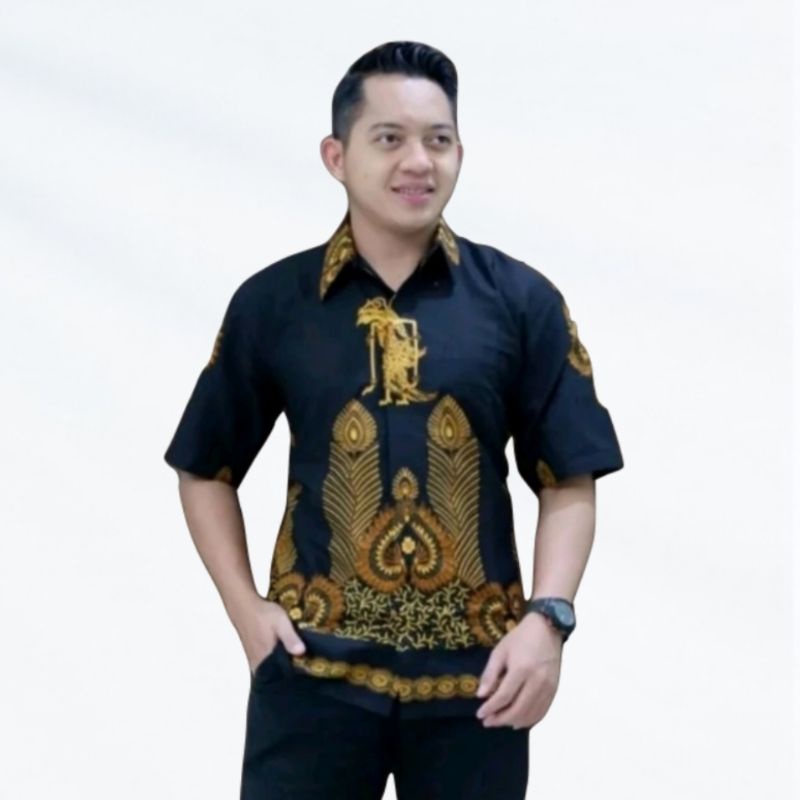 Baju Batik Pria Kemeja Lengan Panjang Pendek Atasan Cowok Modern Terbaru Motif Wayang Wulu Hitam