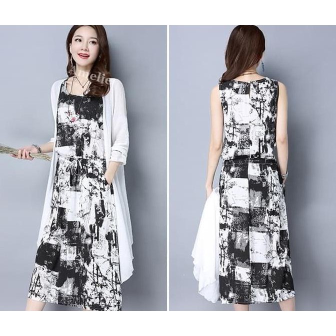 NEW Midi Dress + Long Cardigan Panjang Putih Wanita Korea Import AB735537