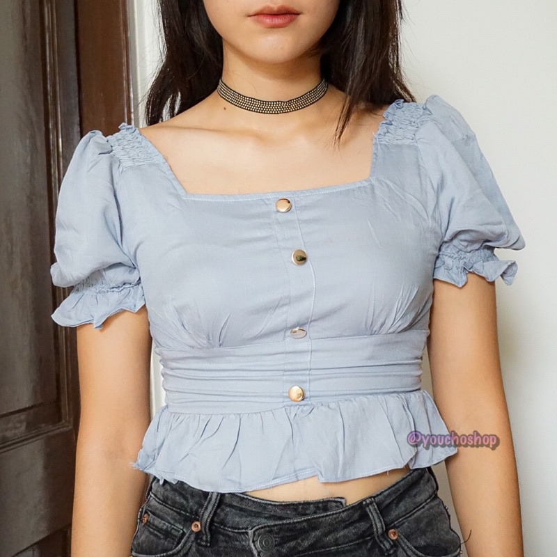 baju atasan wanita crop top karet tiktok sabrina