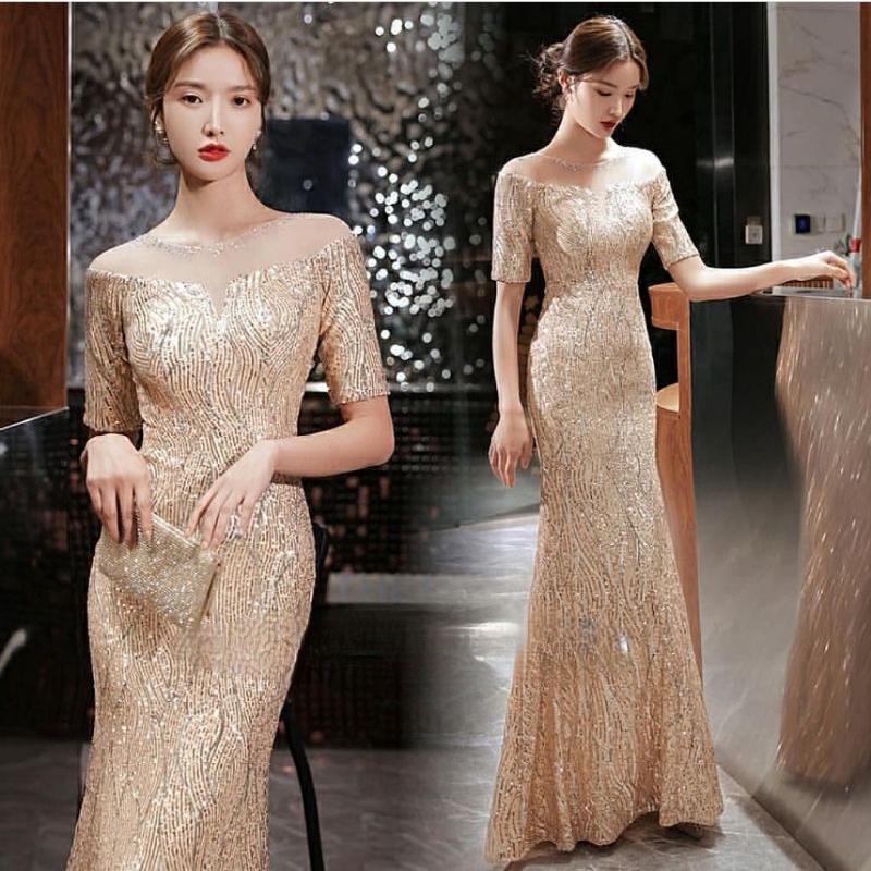 dress pesta panjang sabrina sleeve gown gaun party long maxi kostum costume glitter manik CL