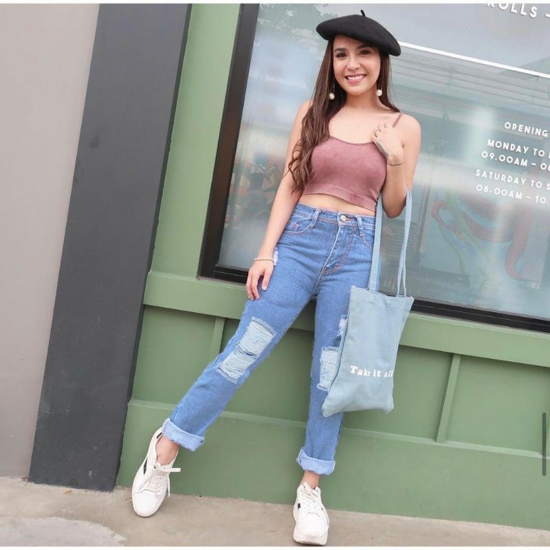 Ergros - Boyfriend Jeans Wanita Sobek Tengah