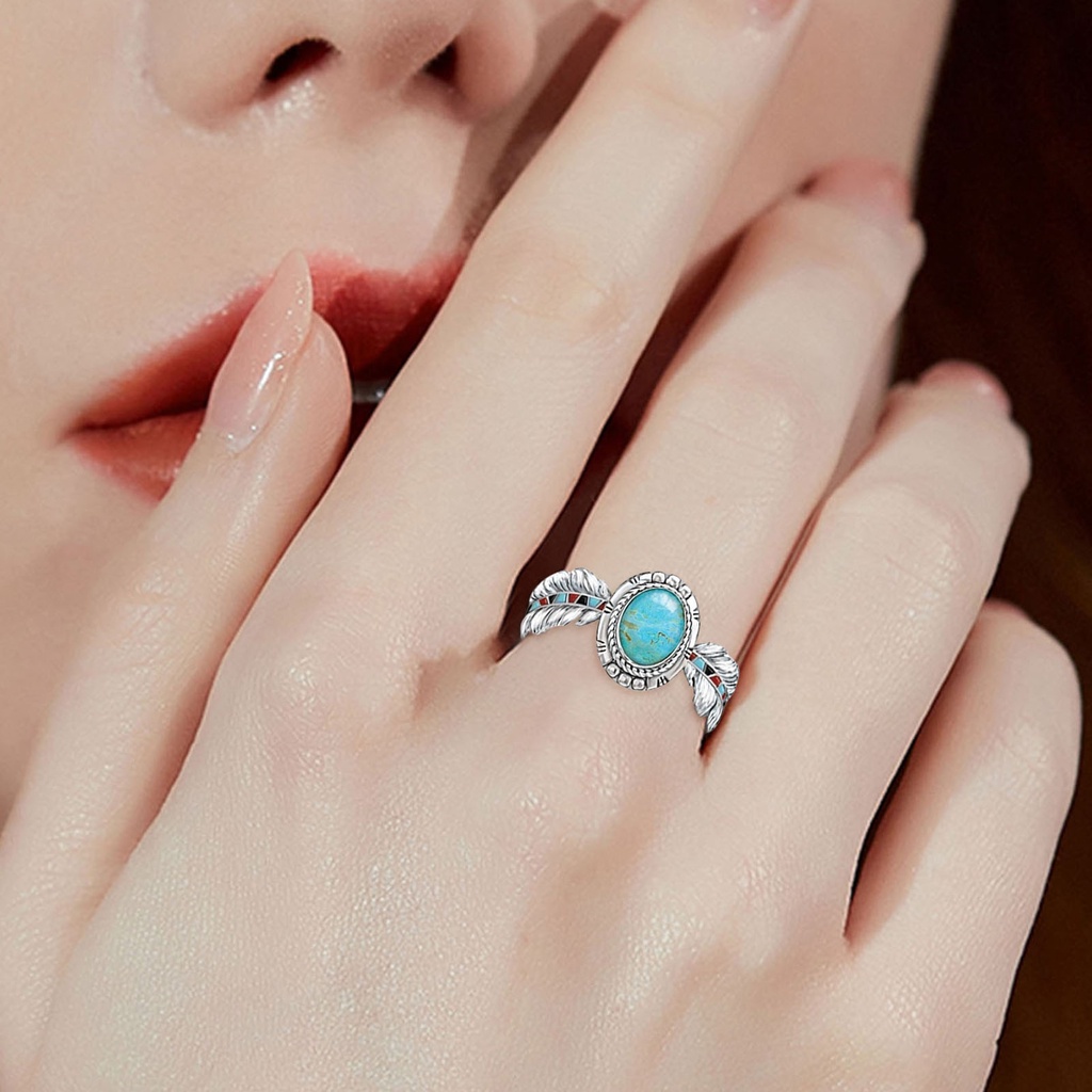Hu Hu Hu Hu Hu Alat Bantu Pasang Kacamata♡ Cincin Desain Bulu Elang Aksen Turquoise Gaya Etnik Vintage Untuk Wanita