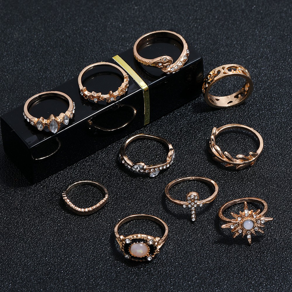 10 pcs Cincin Berlian Gaya Bohemian | Hadiah Perhiasan Wanita Paduan Emas Baru