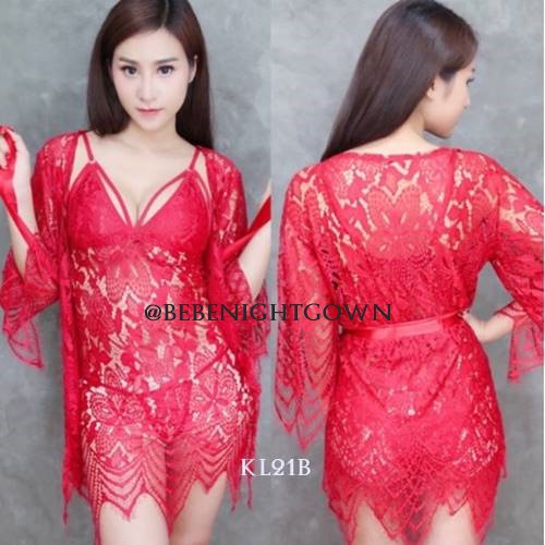 SET SEXY KIMONO LINGERIE NIGHT DRESS LACE BROKAT PREMIUM MERAH KL21B