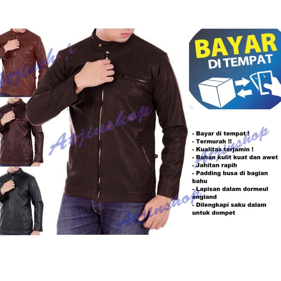 ℮ Atjin-Jaket Kulit Pria Kasual Exclusive Series Ferrari / Jaket Motor Pria [Coklat - Hitam] ♪