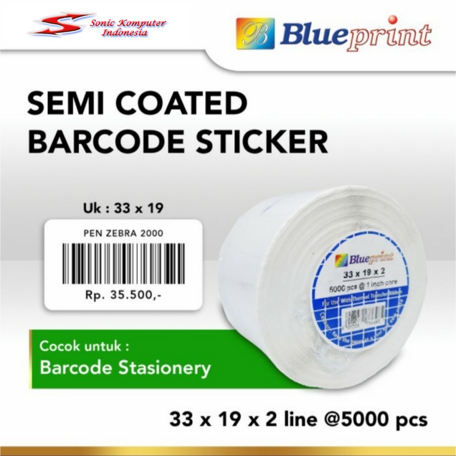 Sticker label Barcode 33x19mm 2 Line Semi Coated BLUEPRINT isi 5000Pcs Stiker Core 1&quot; Inch