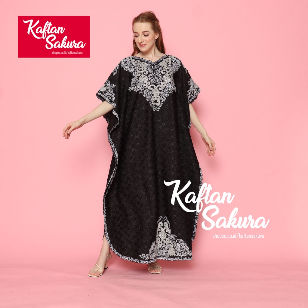 Kaftan Luna Super Premium Bahan Satin Full Bordir Motif Polos Bunga Warna Hitam Marun Navy Mewah