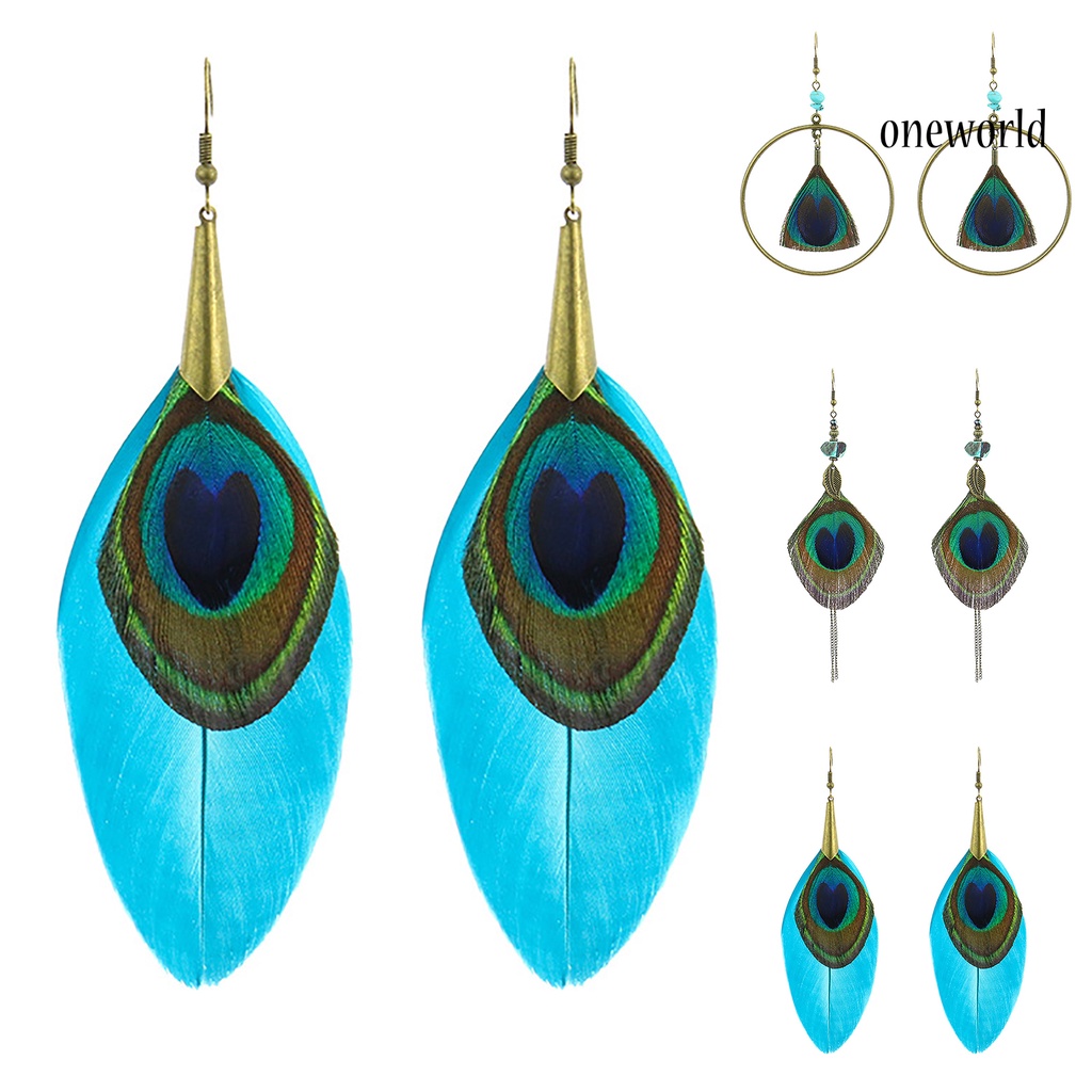 OW# Peacock Feather Drop Earrings Ethnic Style Women Geometric Shape Circle Hook Earrings Jewelry Accessory