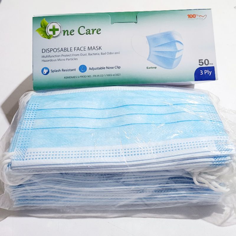 MASKER EARLOOP 3PLY ISI 50PCS ONE CARE ORIGINAL EDISI WARNA