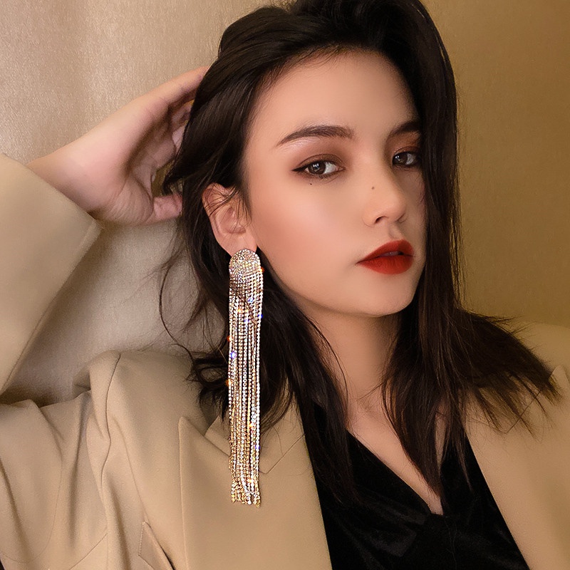 Anting Gantung Panjang Model Rumbai Full Berlian Imitasi Untuk Wanita