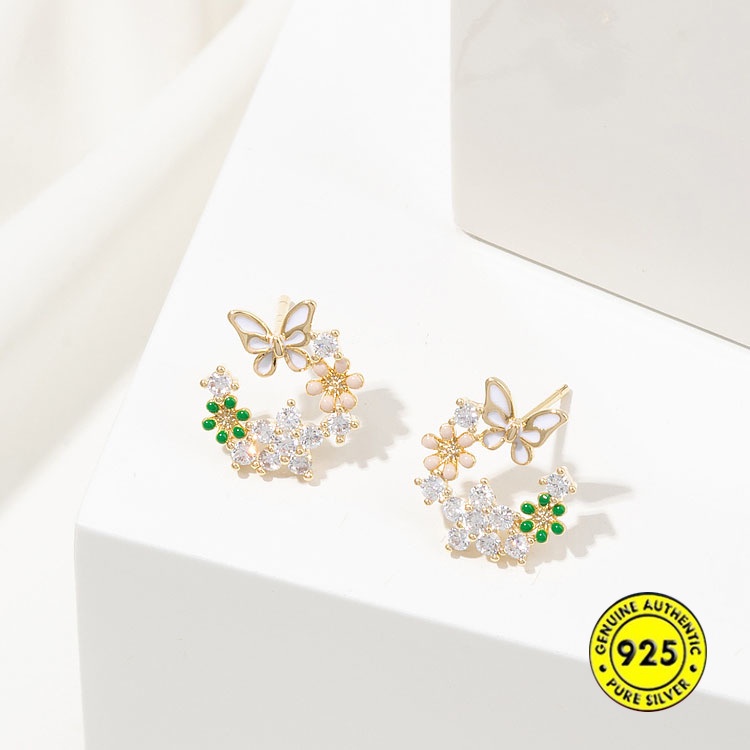 Anting Stud Bentuk Kupu-Kupu Emas 18K Bahan Sterling Silver Untuk Wanita