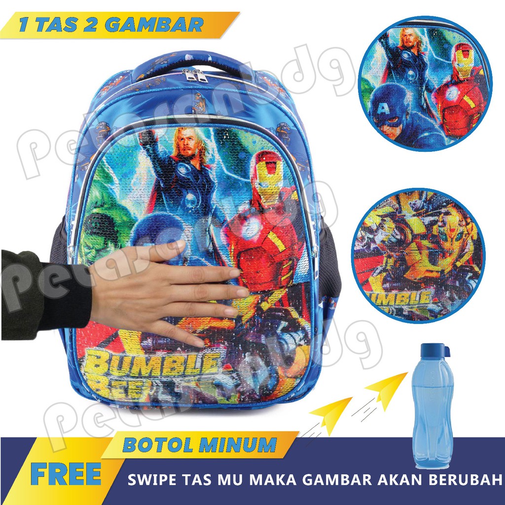 Tas Ransel USAP Anak Laki - Laki AVENGERS &amp; TRANSFORMERS - Tas Ransel Model Usap / Swipe + Botol