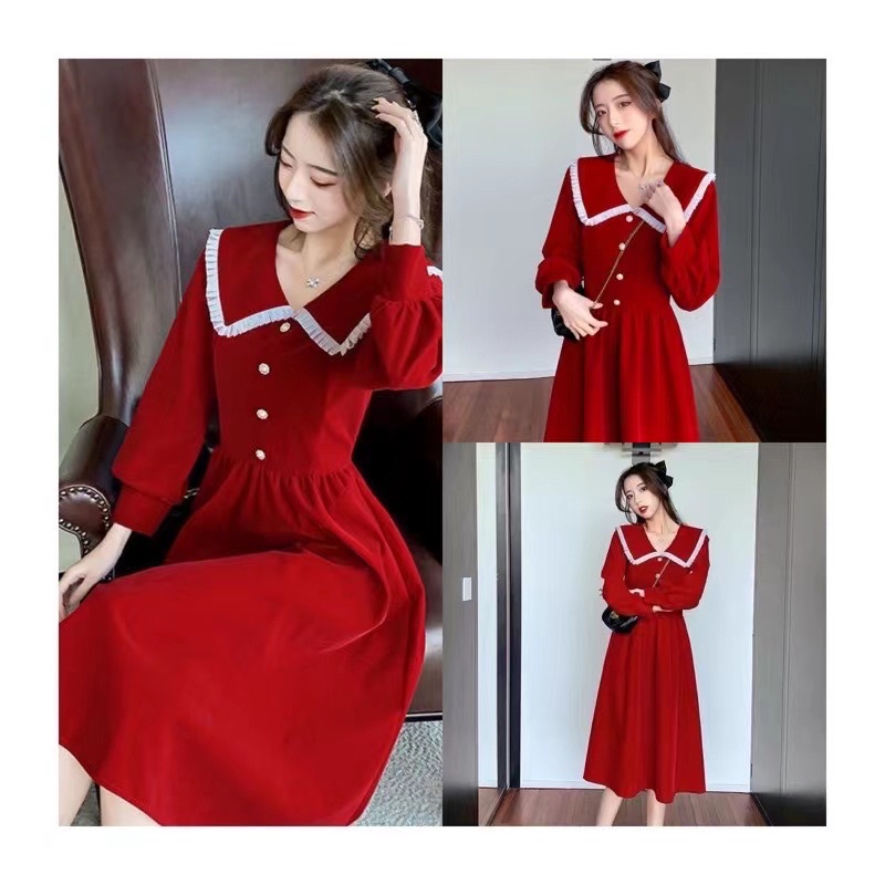 H7 D21/21 Korean velvet midi dress long sleeve import / gaun panjang beludru lengan panjang leher collar kancing / vintage dress