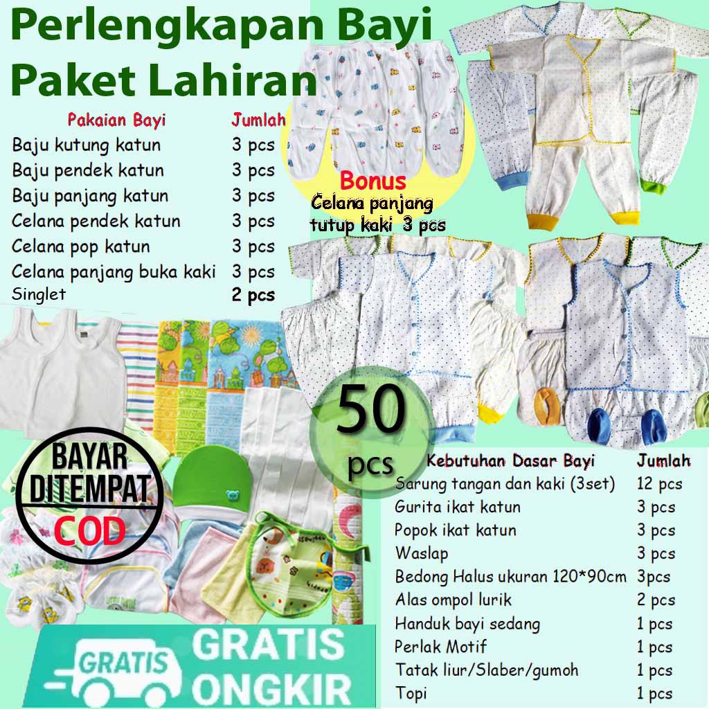 Paket 50 Pcs Lengkap Murah Perlengkapan Bayi Lahir Setelan Baju Bayi Celana Bayi Popok Singlet Gift Set Newborn Kado Murah Perempuan Laki Katun Lembut Nyaman