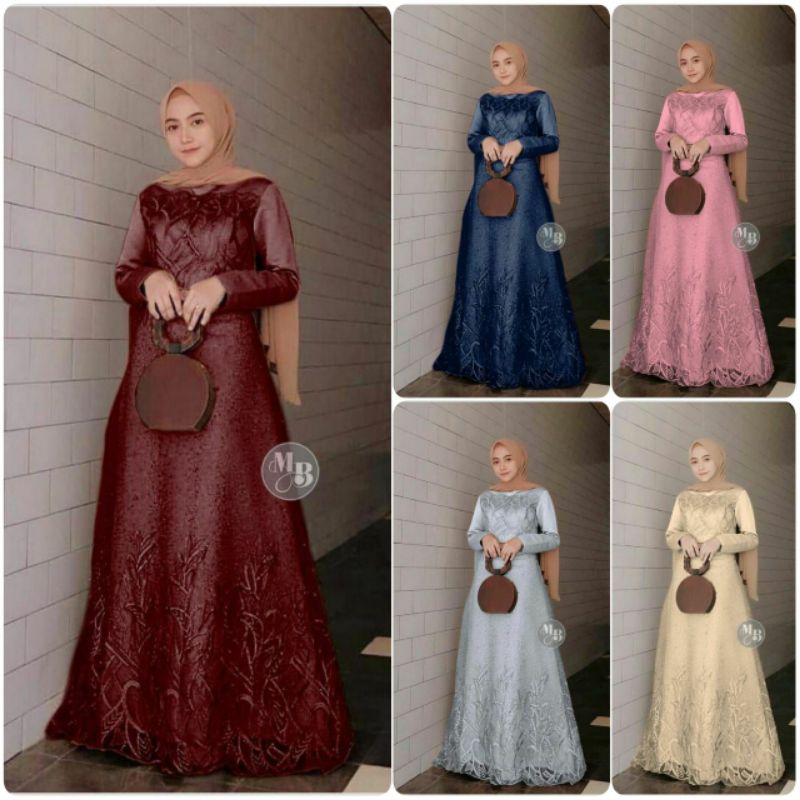 KHUSUS GROSIR Gamis Brokat Aura Gown • Gamis Syar'i • Tile mutiara mix velvet saten