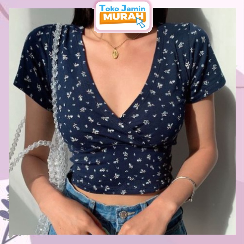 TJM BJ091 Baju Wanita Motif Bunga Crop Top Atasan Korean Sexy Lengan Pendek