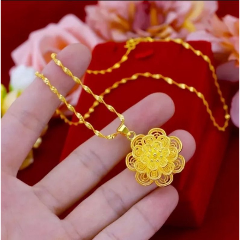 kalung hongkong motif ulir dengan liontin bunga mawar berlapis emas 24k sangat mewah dan berkelas