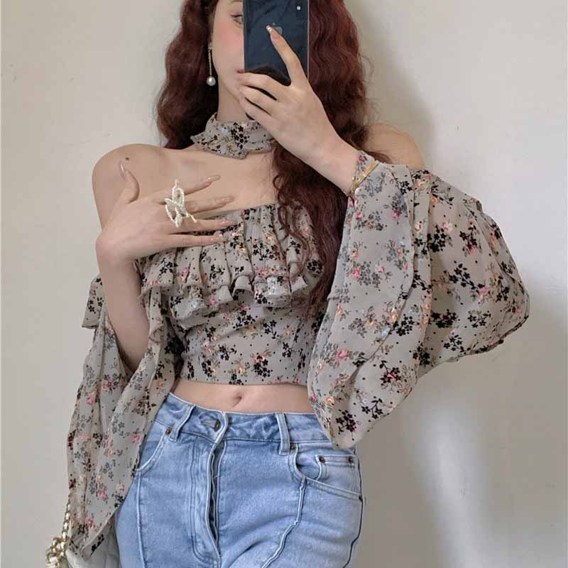 blus korea kemej one-shoulder ruffled pullover floral kemeja lengan panjang gaya pendek wanita kemej