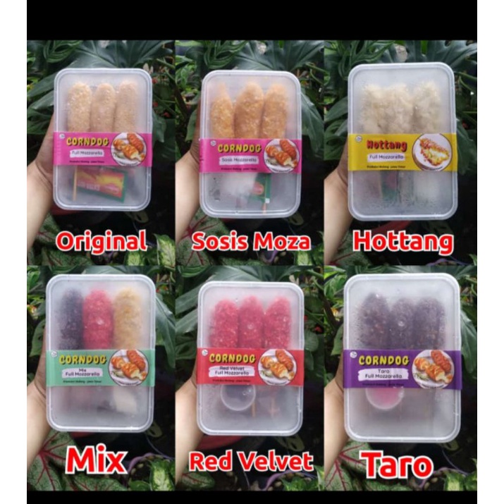 

CORNDOG ISI 3 VARIANT ORI . SOSIS MOZA . RAMEN. TARO . MIX . RED VELVET. MIX . HOTTANG