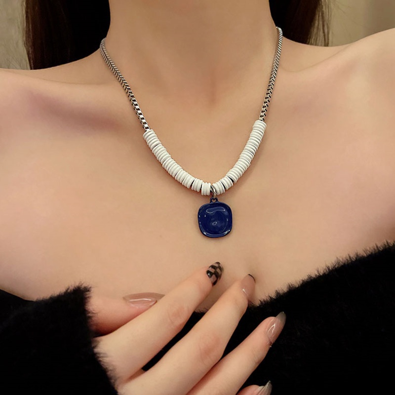 Klein Kalung Rantai Liontin Desain Geometri Warna Biru Gaya Trendymewah Untuk Wanita