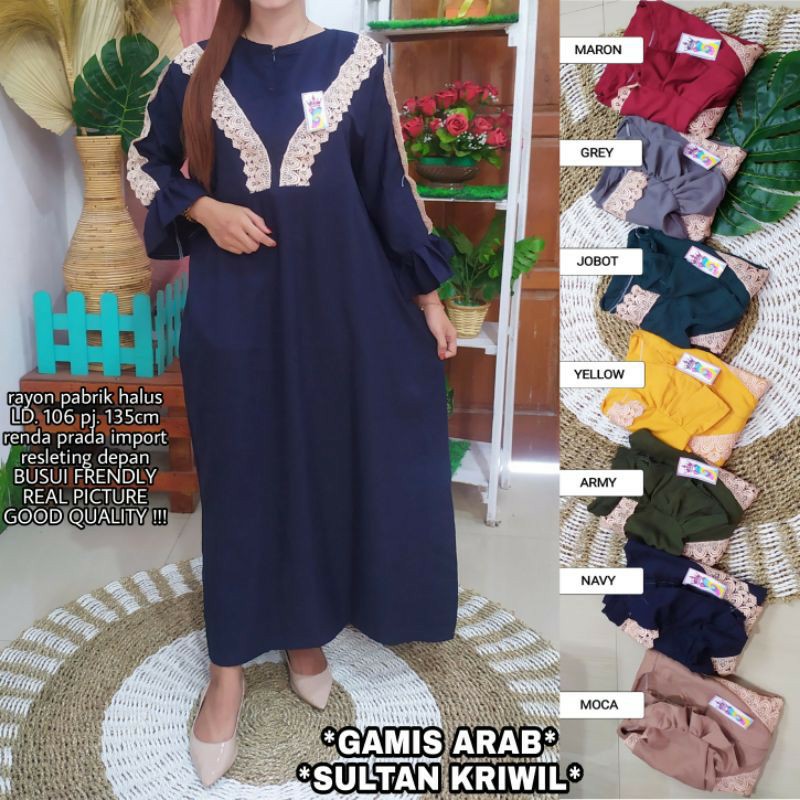 Daster Arab Resleting Depan Busui Bahan Rayon (Lengan Rumple)