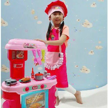 Celemek apron anak renda,Topi koki anak dan hand glove / cempal / sarung tangan anti panas