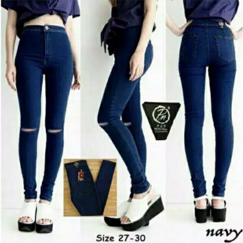 LIND. Celana Jeans High Waist sobek Navy