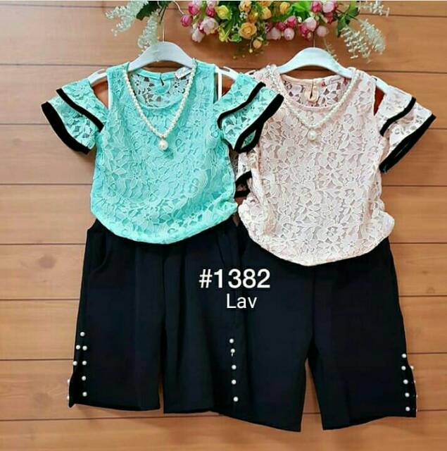 Baju setelan stelan set anak perempuan cewek cewe import blose sabrina brokat celana kulot