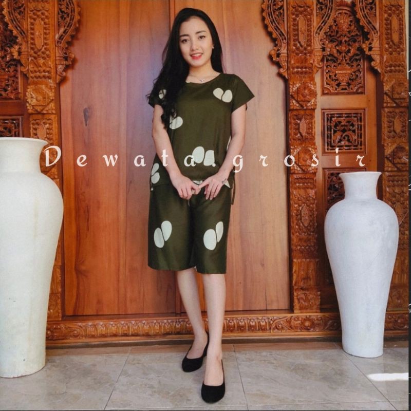 BAJU WANITA PIYAMA BAJU TIDUR SETELAN ONE SET BABYDOLL RAYON SUPER KOPI BALI ROBUSTA TERLARIS-Kopi army pendek