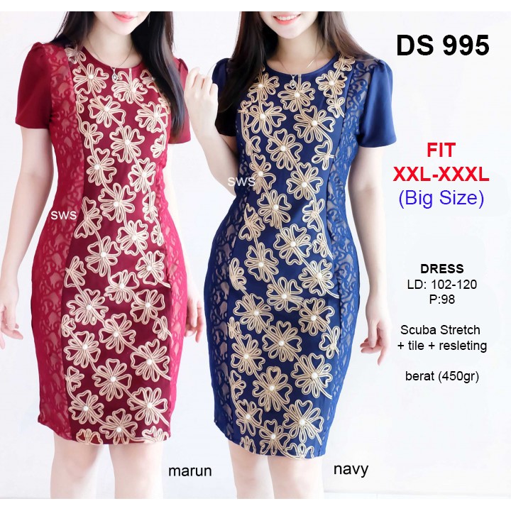 Restock ALdera Dress Natal Brukat Bordir Scuba Import Modern Sepan Big Size Jumbo XXL-XXXL DS995