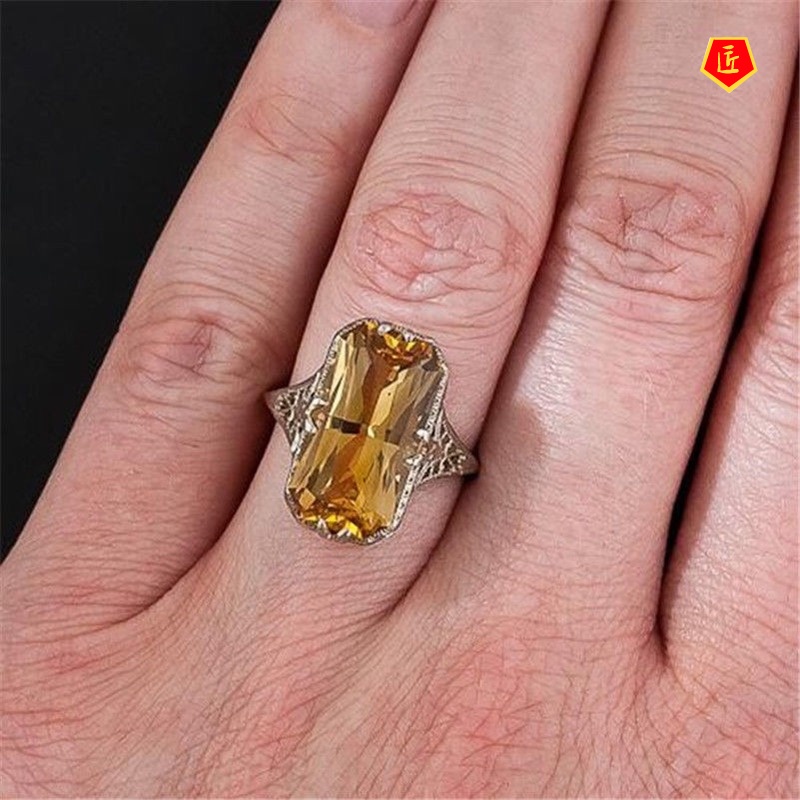 [Ready Stock]Citrine Hollow Carved Ring Fashion Exaggerated