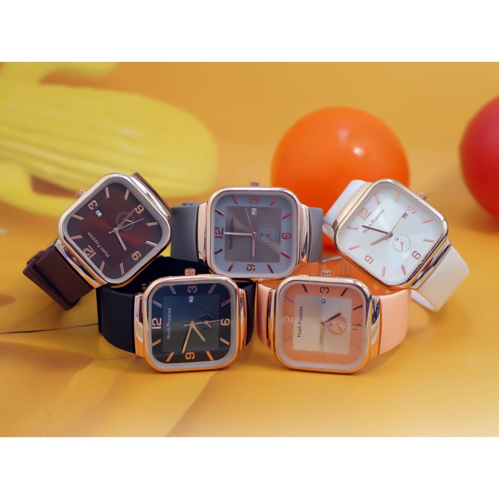 BAJ Jam Tangan Wanita Pria Hush Puppies segi Premium Strap Rubber Import Grosir Tanggal Aktif HP012