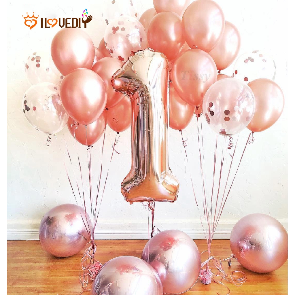 Set Balon dengan Bahan Foil dan Bentuk Hati Warna Rose Gold untuk Hiasan Dekorasi Pesta