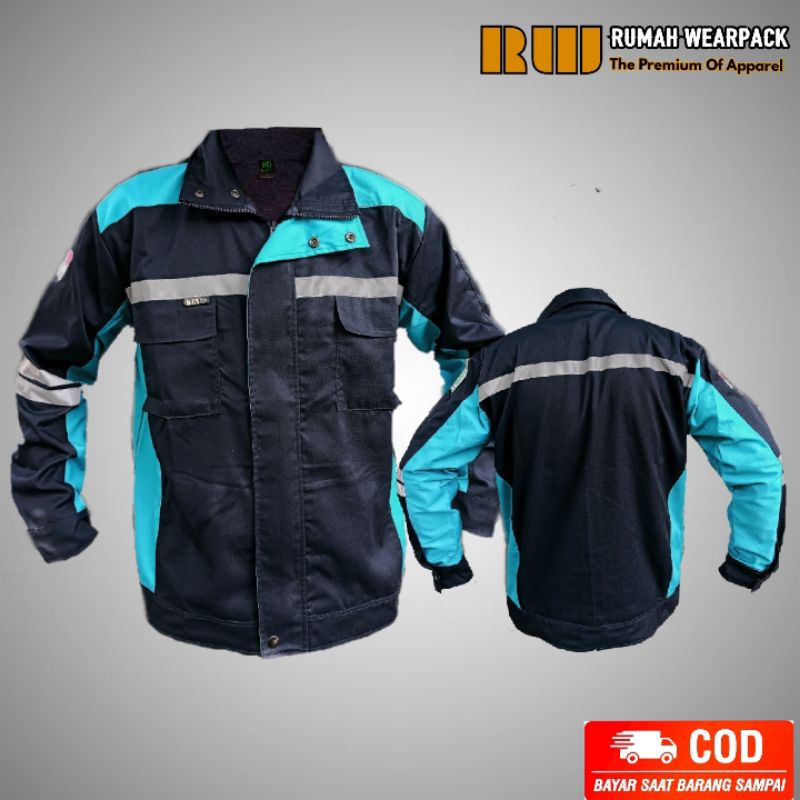 Semi Jacket Safety/ Wearpack Safety Jaket Safety Atasan Lengan Panjang Navy Kombinasi Biru Tosca