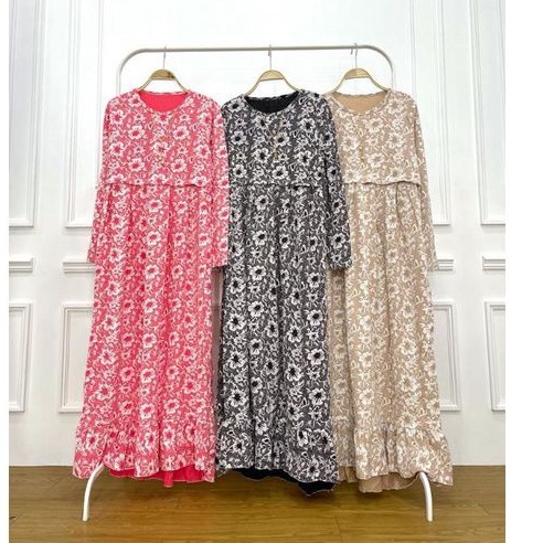 Gamis rempel pinggang motif bunga putih bahan voxy premium merk cocobee (260)