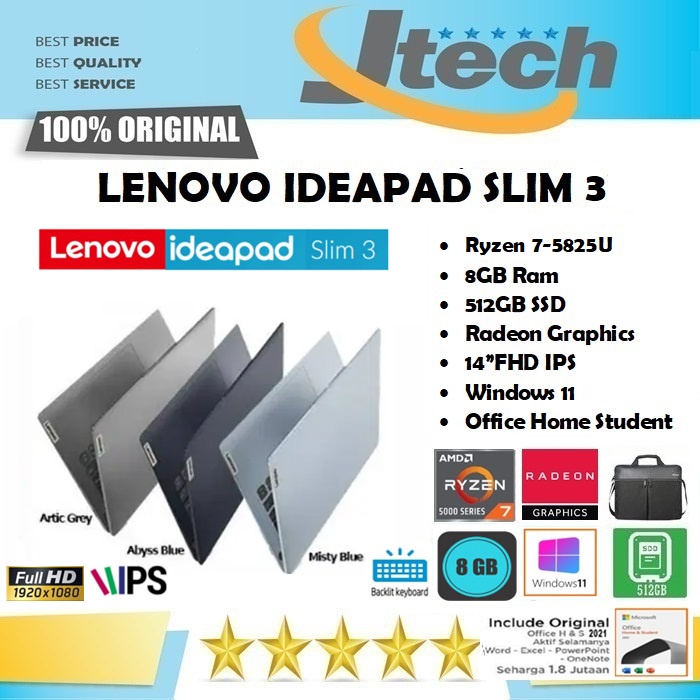 LENOVO IDEAPAD SLIM 3 - RYZEN 7-5825U - 8GB - 512GB SSD - BACKLIT KB - 14&quot;FHD - WIN11 - OFFICE HOME STUDENT