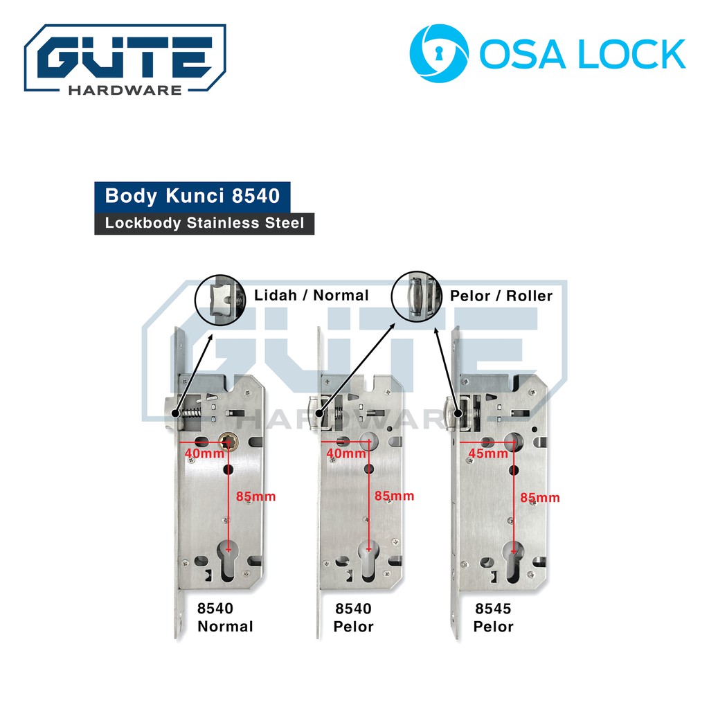 (KOMPLIT) Body Kunci Pintu Besar Stainless Steel &quot;OSALOCK&quot; Lidah Pelor Roller Lockbody