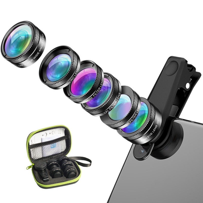 Apexel 6In1 Lensa Kamera Fish Eye / Makro / Wide Angle / CPL Filter Untuk iPhone / Xiaomi Mi9