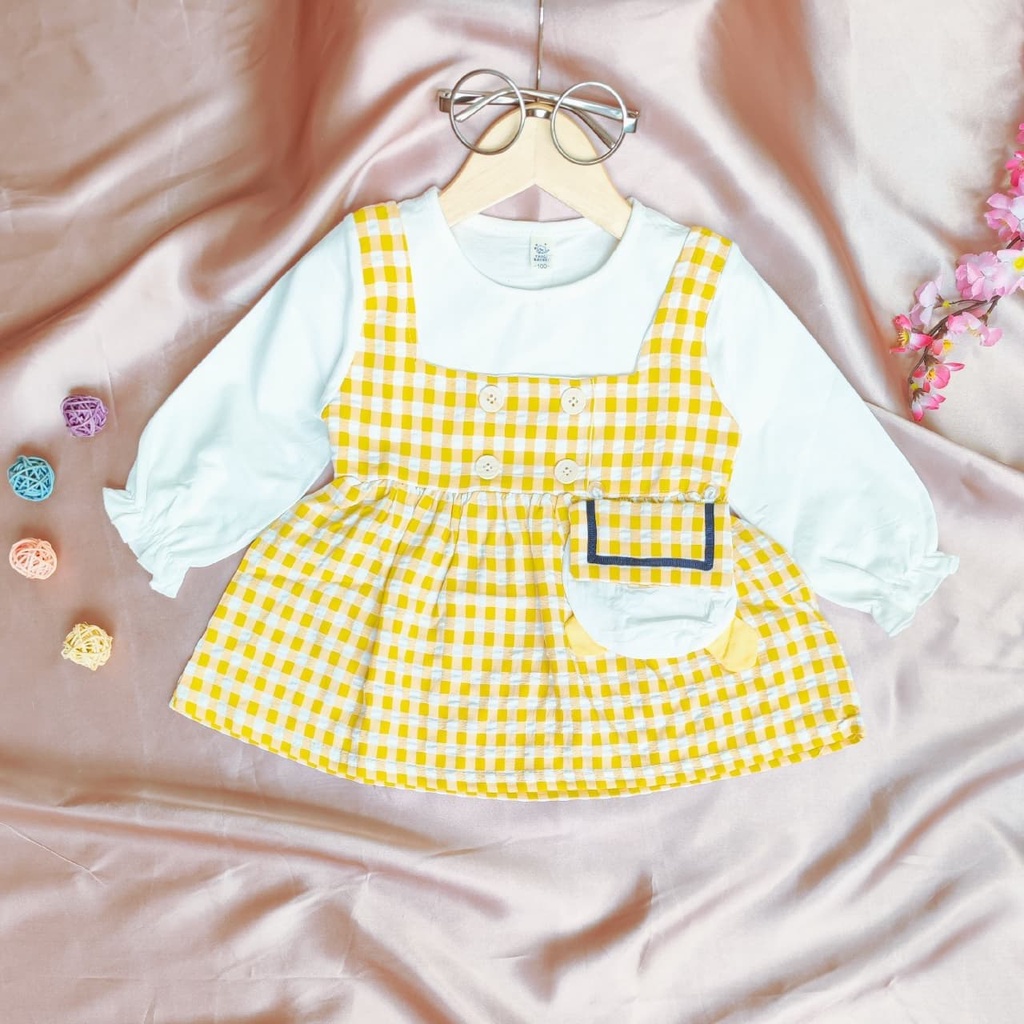 Promo !! Dress anak perempuan import / Dress bayi perempuan / Dress pocket duck button ukuran 1-3 tahun