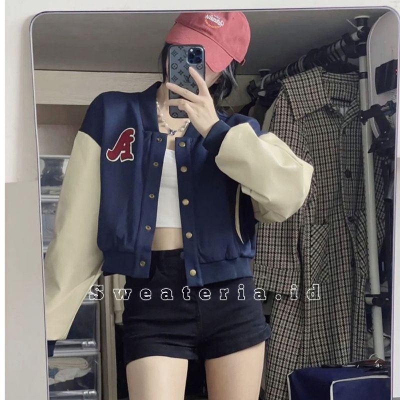 Sweateria - Varsity A BASEBALL jacket wanita croop - jacket chamsity navy