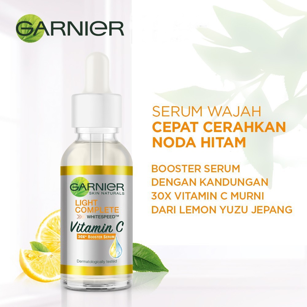 Garnier Light BRIGHT Complete Vitamin C 30x Booster SERUM Wajah (Cerahkan Noda Hitam) - 30 ml / 15 ML / Sachet 7,5 ML - Yuzu Kuning Ukuran Kecil Besar Sacet Saset BPOM Wajah Putih Glowing