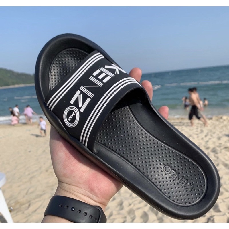 KENZ0 SLIDES SLIPPERS BLACK FONT WHITE