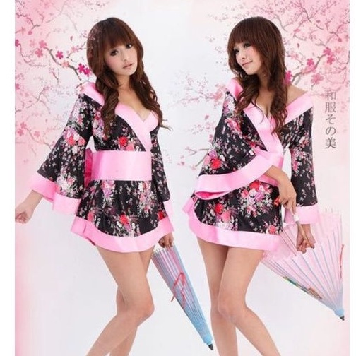 Sexy Kimono Jepang Cosplay Kostum Hitam Pink Motif Bunga