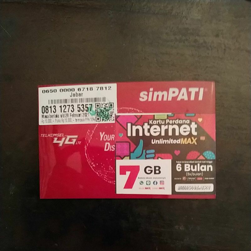 Perdana telkomsel 7GB unlimited max jabar aktif