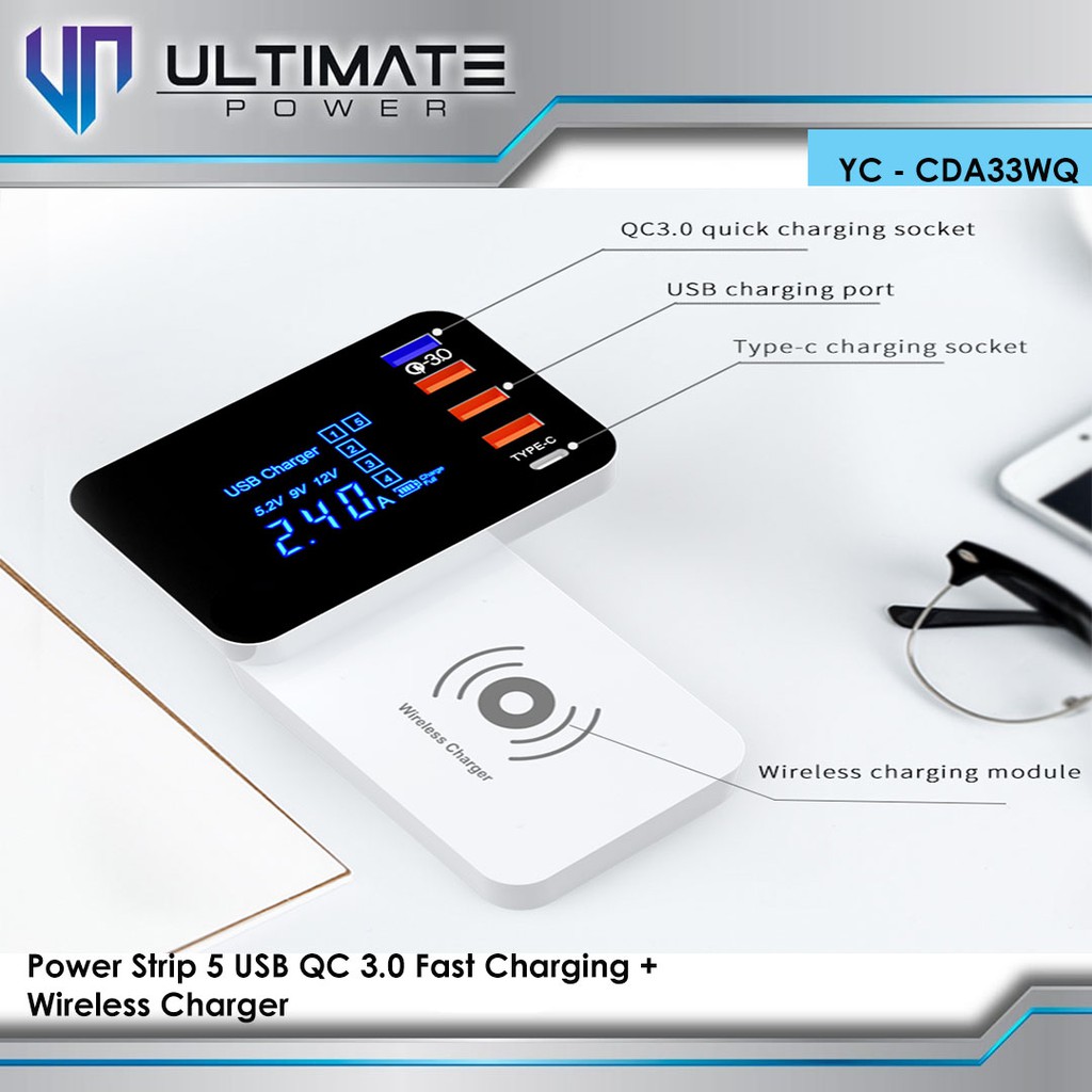 Ultimate YC-CDA33WQ Power Strip 5 USB &amp; Wireless Charger QC3.0 LED