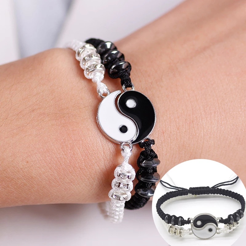 Gelang Tangan Model Tenun Warna Hitam Dan Putih Bahan Alloy Gaya China Untuk Pasangan