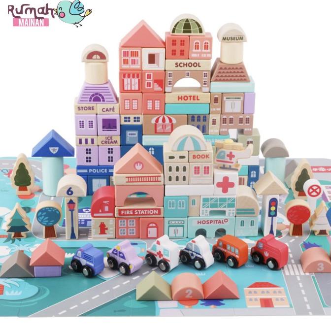 Promo Mainan Kayu Balok Bangunan Kota 115 Pcs City Building Blocks Kado Anak