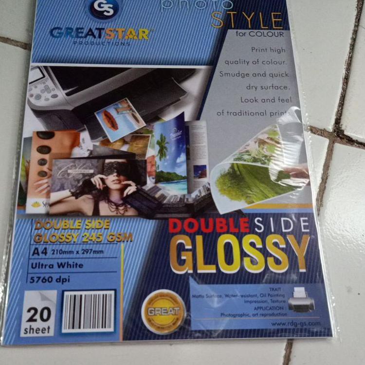 

DOUBLE SIDE GLOSY/PHOTO PAPER 245 gsm A4/20lembar water proff (KODE 7)